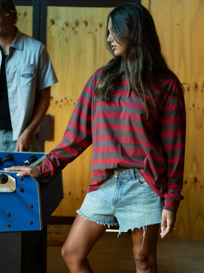 Conditions Apply Stripe Long Sleeve Polo - Bitter Chocolate