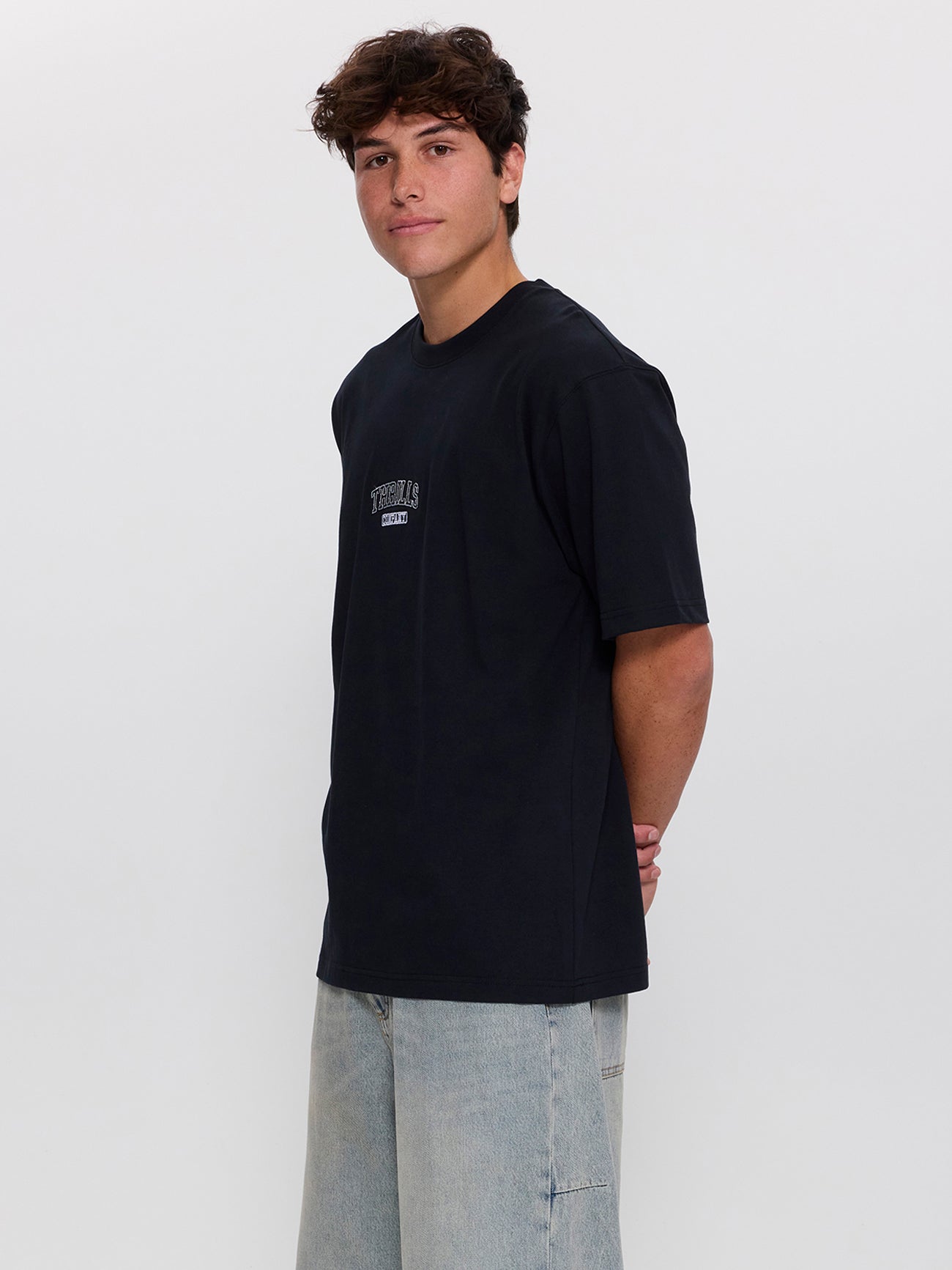 Victory Embro Box Fit Oversized Contrast Stitch Tee - Faded Black XS