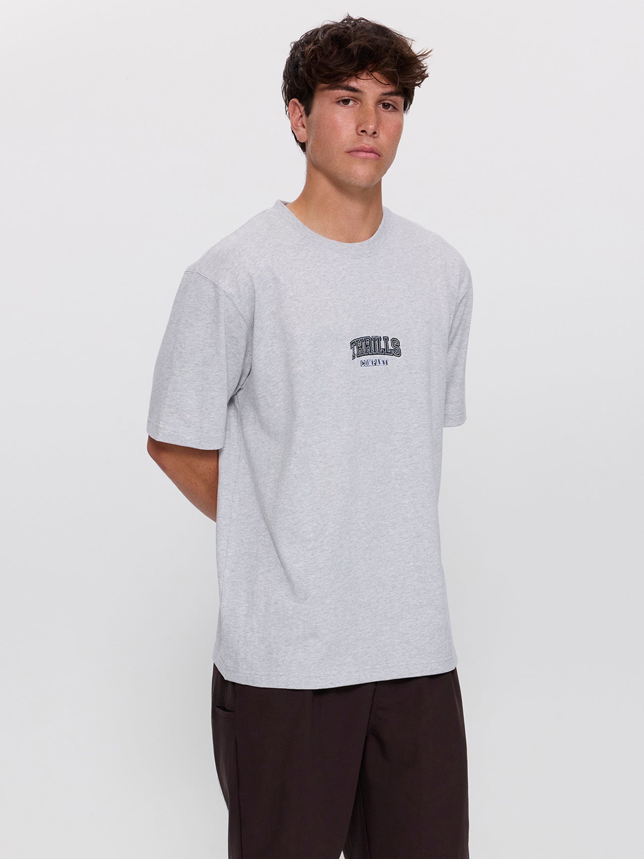 Victory Embro Box Fit Oversized Contrast Stitch Tee - Snow Marle XS