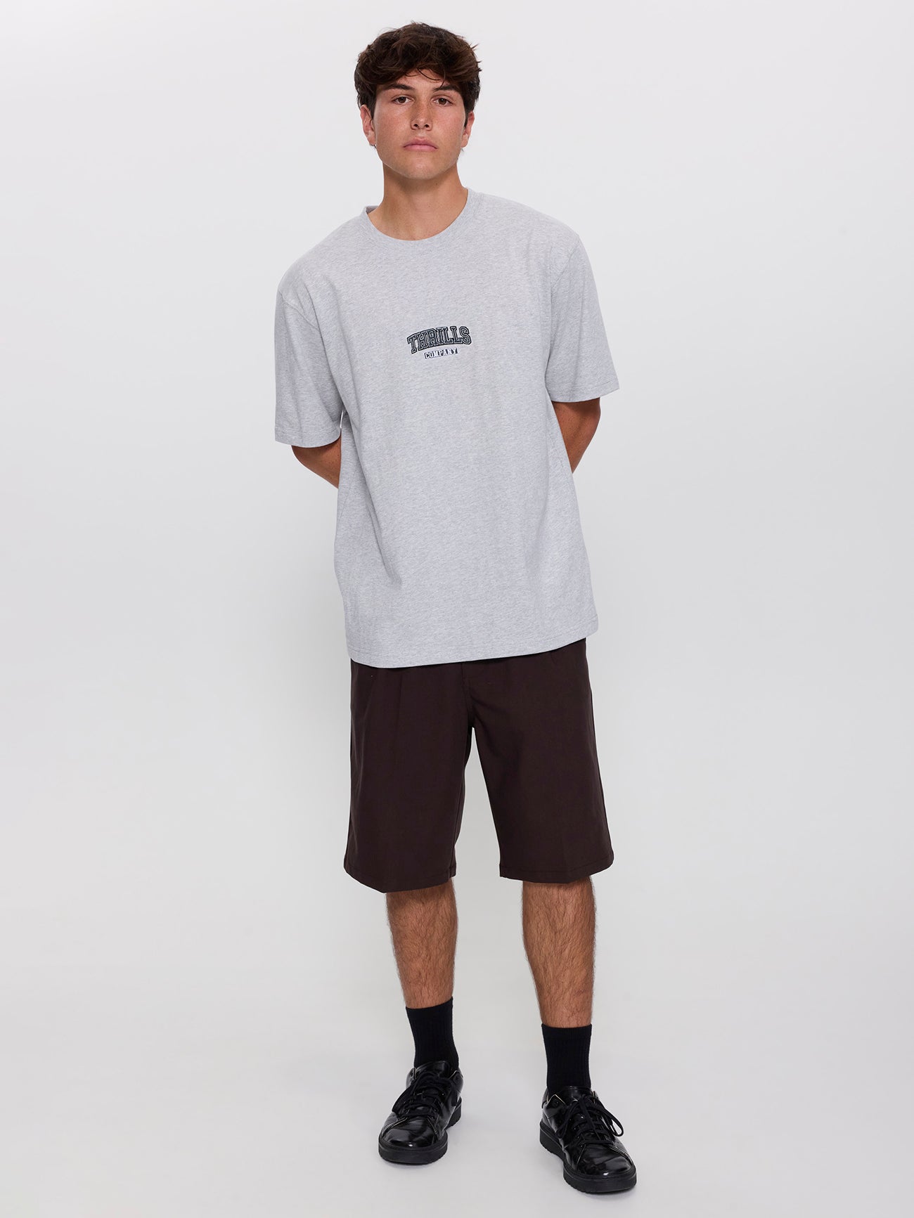 Victory Embro Box Fit Oversized Contrast Stitch Tee - Snow Marle XS