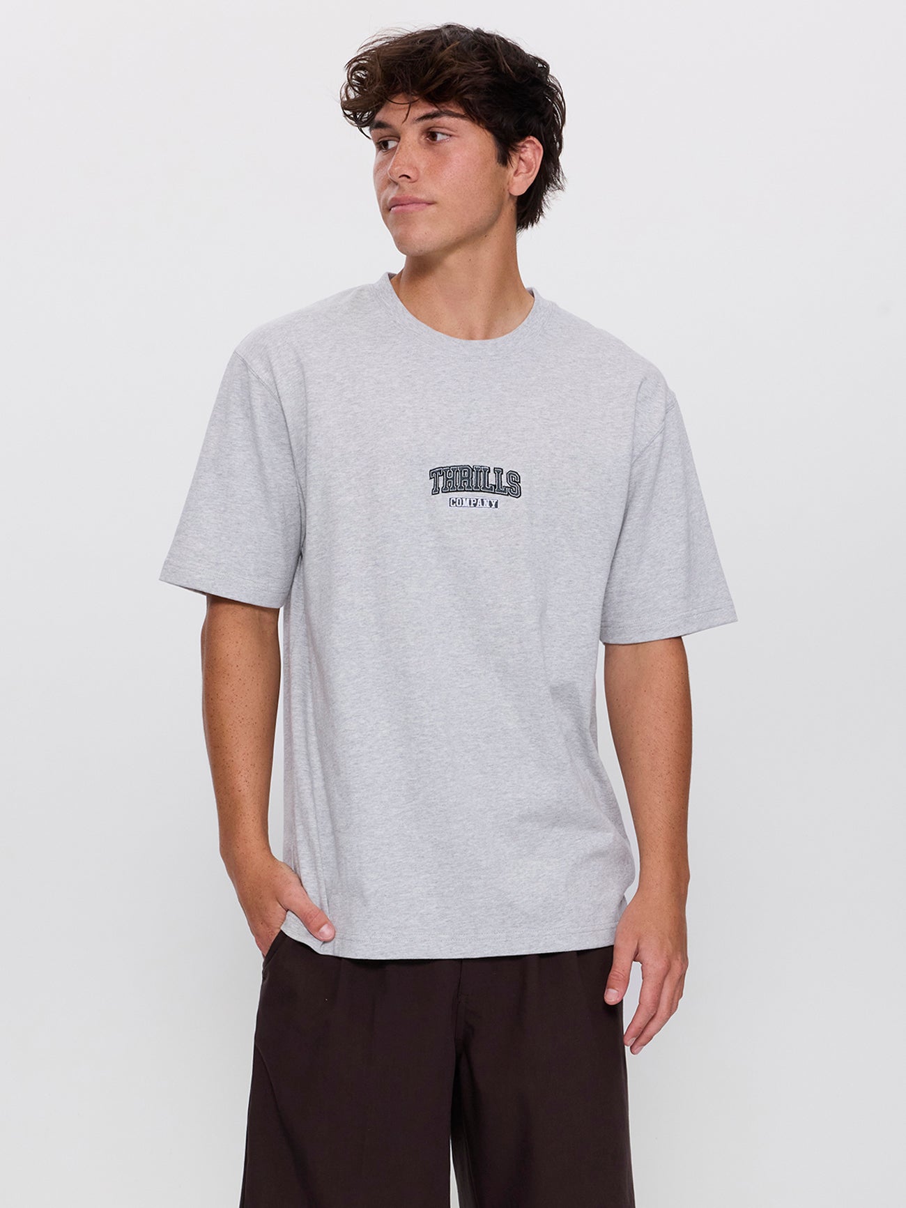 Victory Embro Box Fit Oversized Contrast Stitch Tee - Snow Marle XS