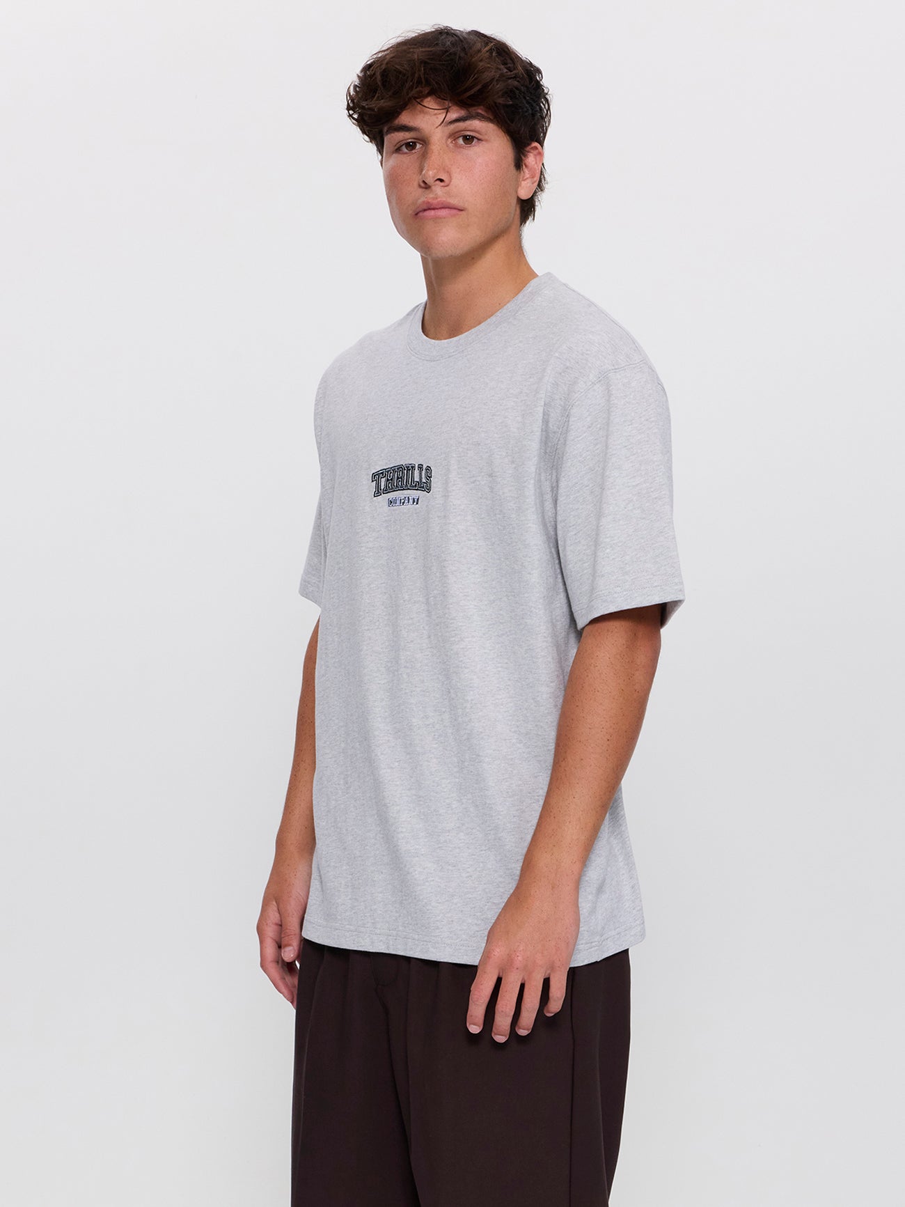 Victory Embro Box Fit Oversized Contrast Stitch Tee - Snow Marle XS
