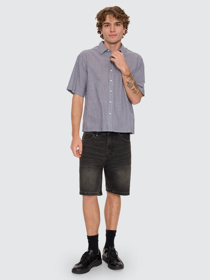 Visions Box Crop Short Sleeve Shirt - Navy Stripe XS