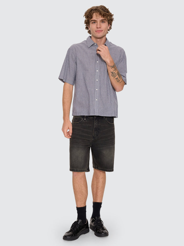 Visions Box Crop Short Sleeve Shirt - Navy Stripe