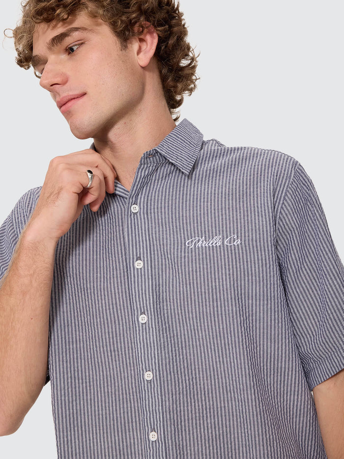 Visions Box Crop Short Sleeve Shirt - Navy Stripe XS