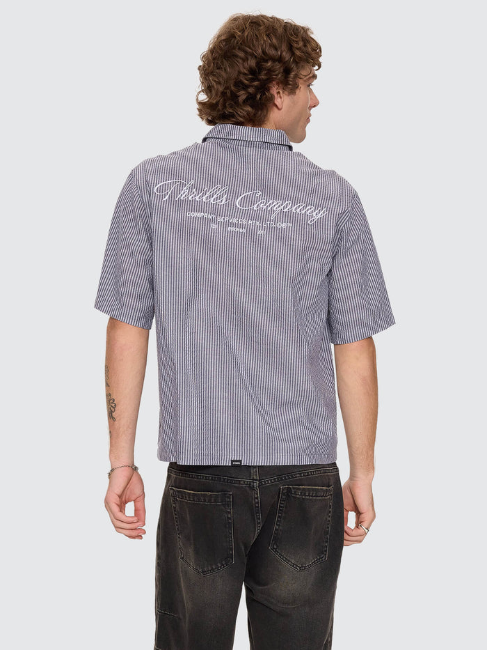 Visions Box Crop Short Sleeve Shirt - Navy Stripe XS