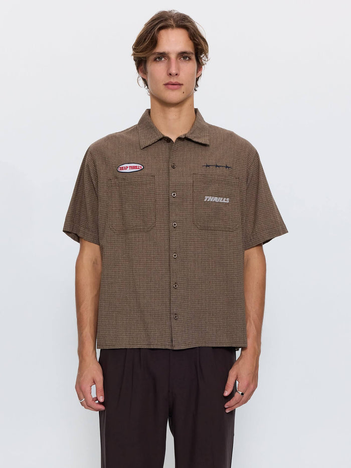 Built for Speed Box Crop Short Sleeve Shirt - Brown Stone Check XS