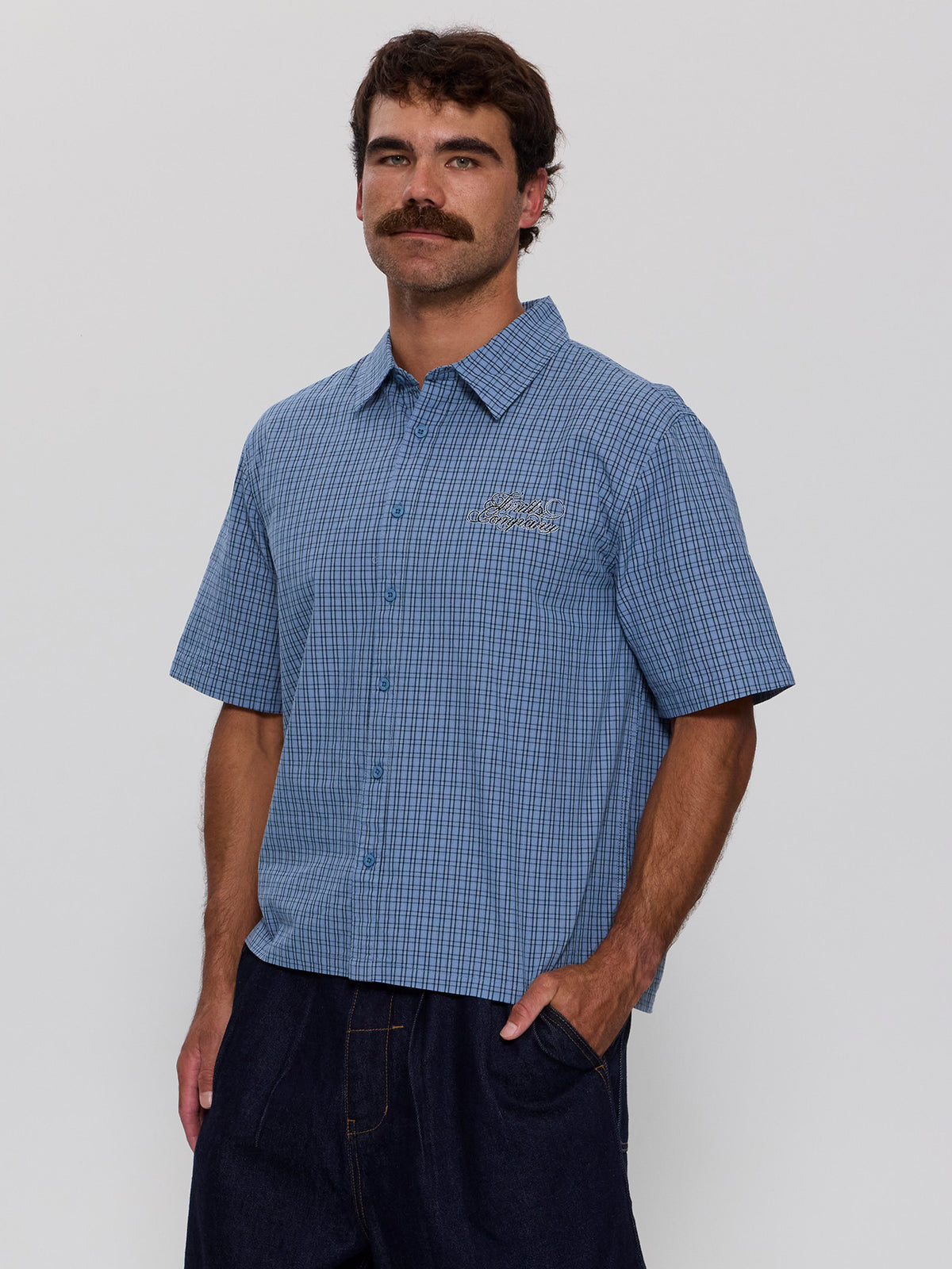 Lost Cause Check Cropped Short Sleeve Shirt - Vintage Blue XS