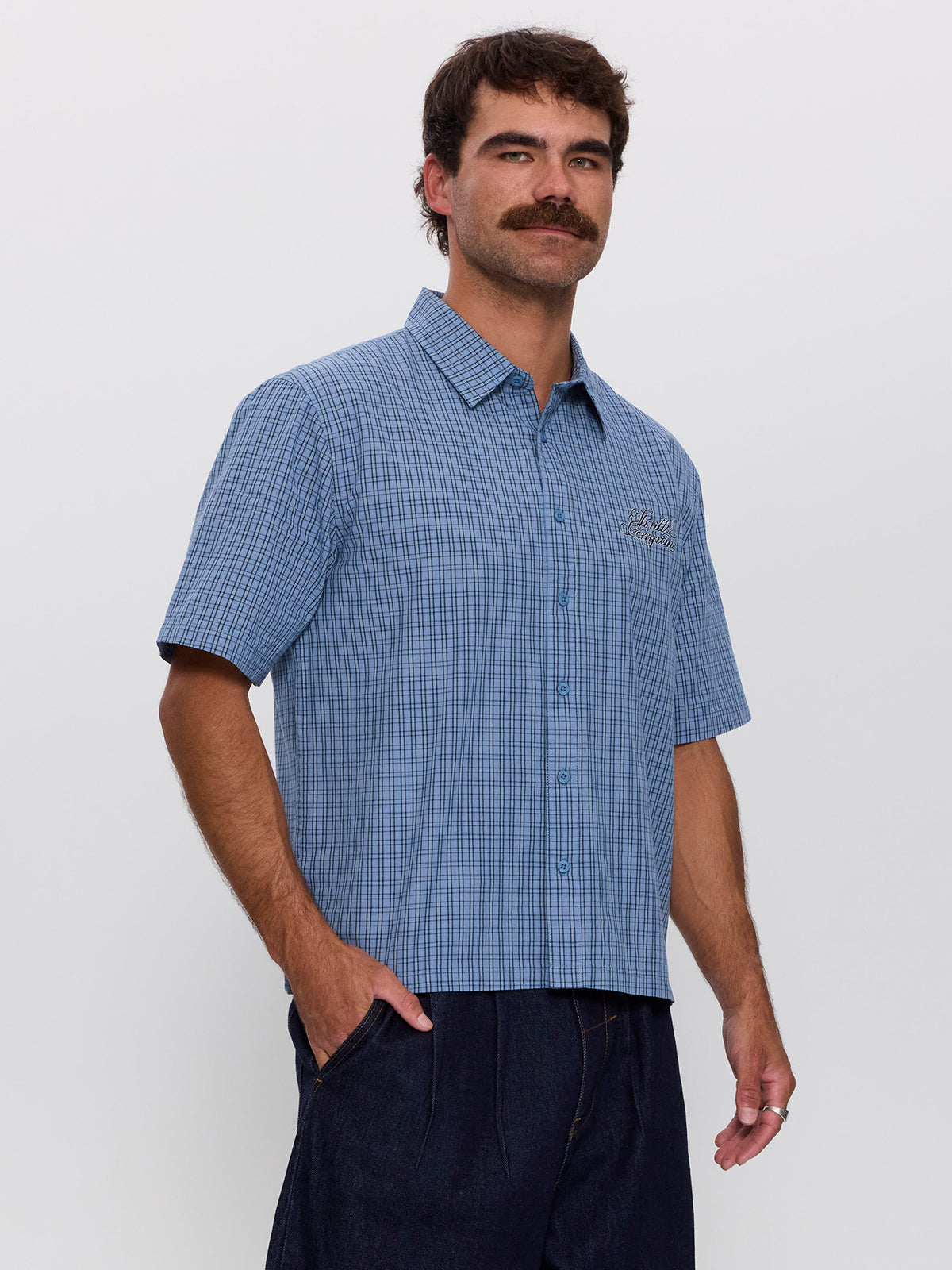 Lost Cause Check Cropped Short Sleeve Shirt - Vintage Blue XS