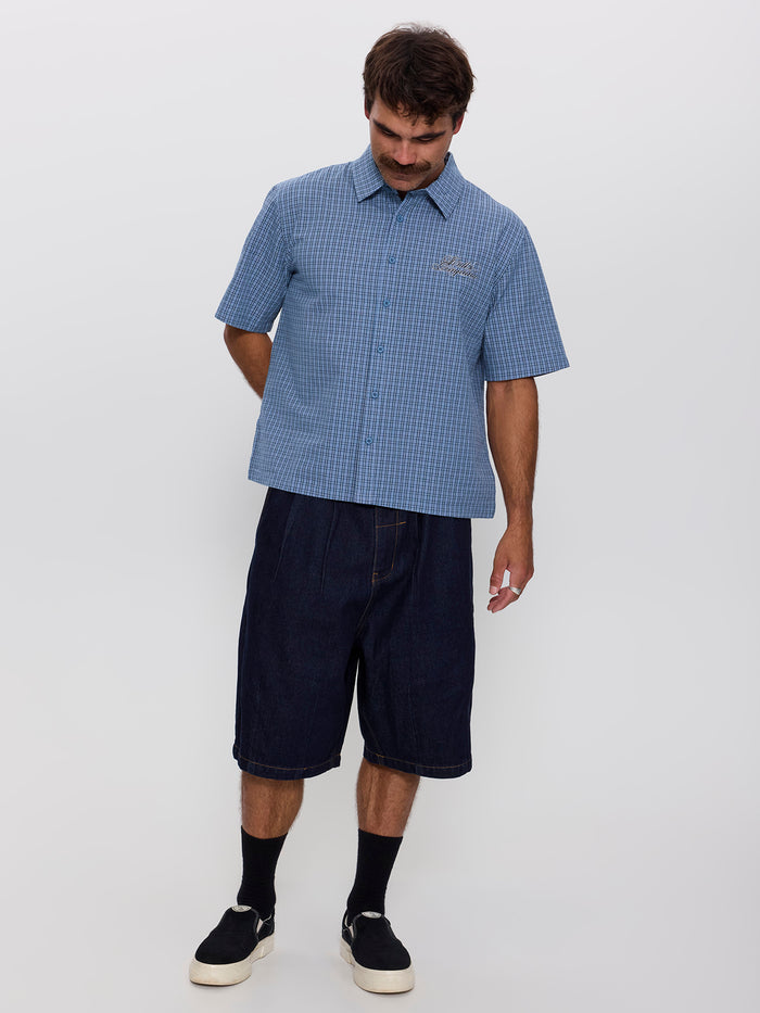 Lost Cause Check Cropped Short Sleeve Shirt - Vintage Blue XS