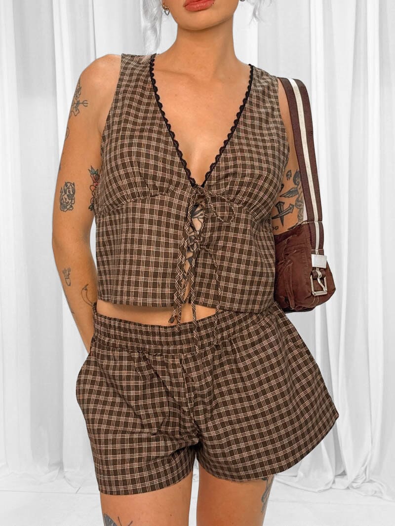 State Of Mind Check Top - Postal Brown