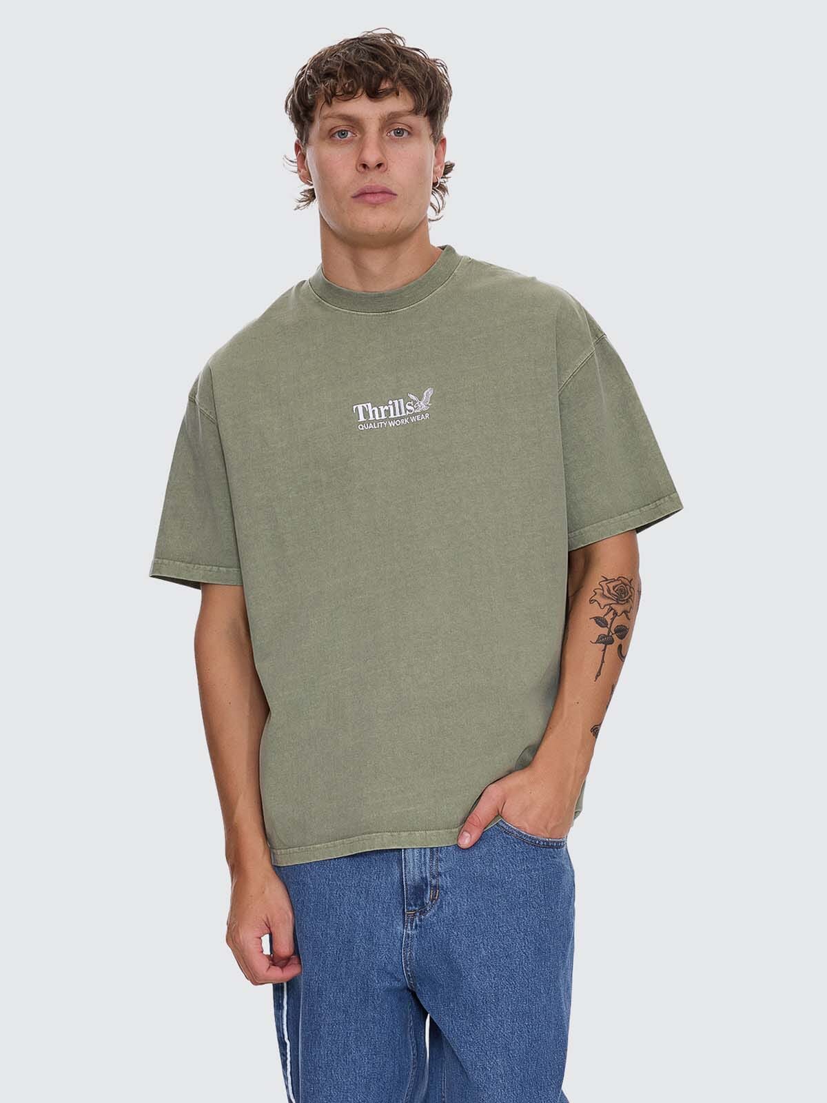 Thrills Workwear Embro Box Fit Oversize Tee - Light Olive