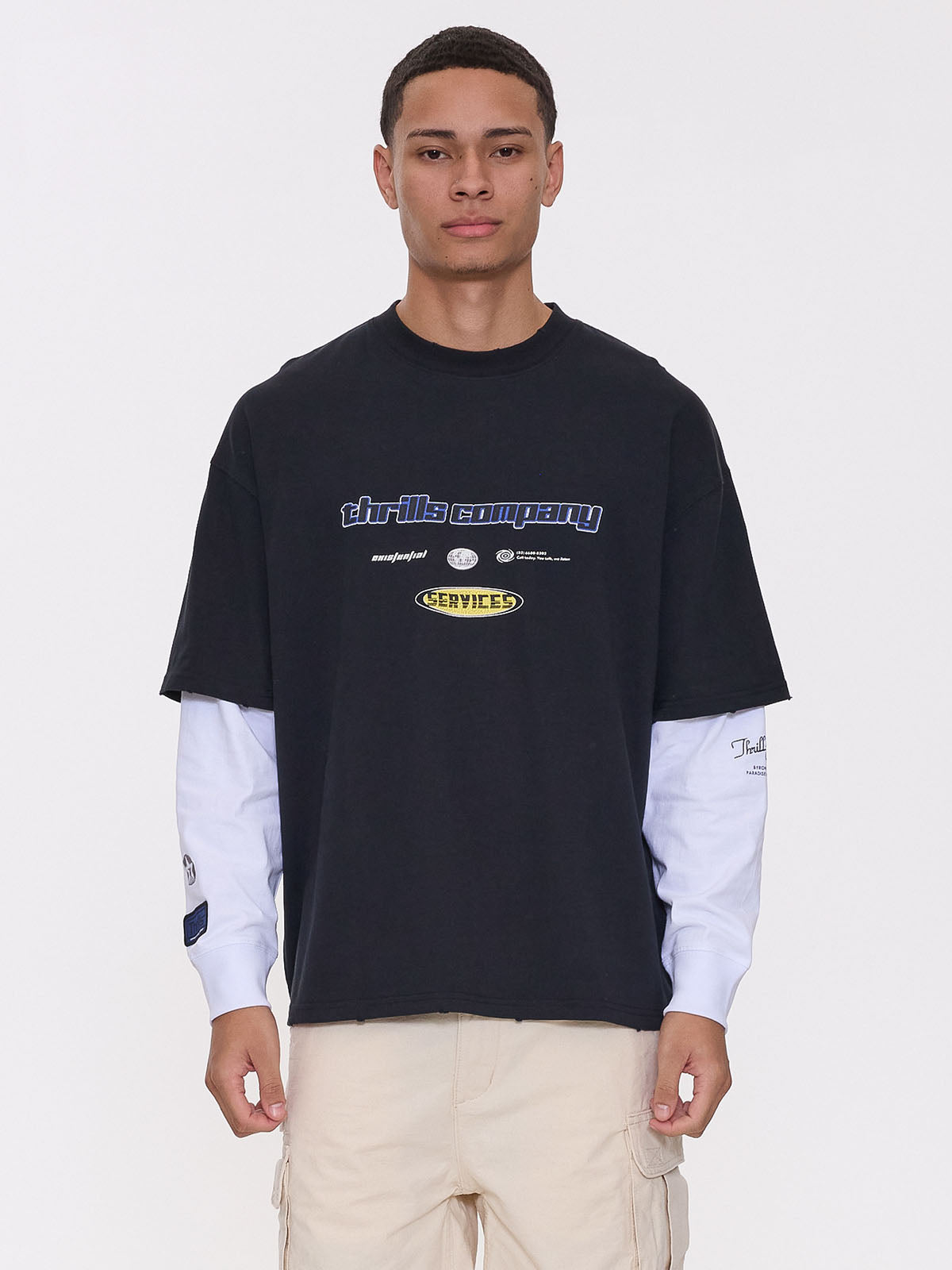Fractured Layered Box Fit Cropped Long Sleeve Tee - Washed Black