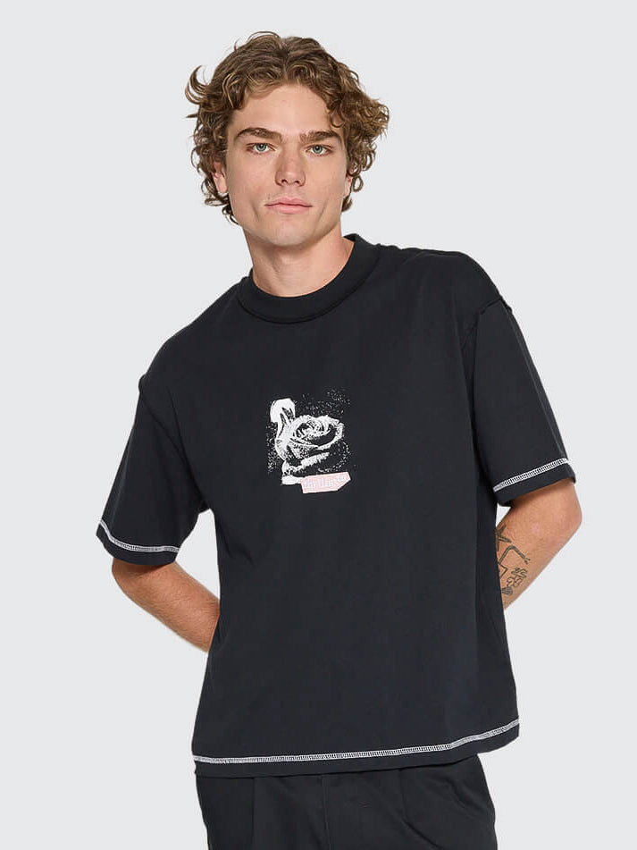 Rose Brigade Box Fit Oversize Cropped Tee - Washed Black XS