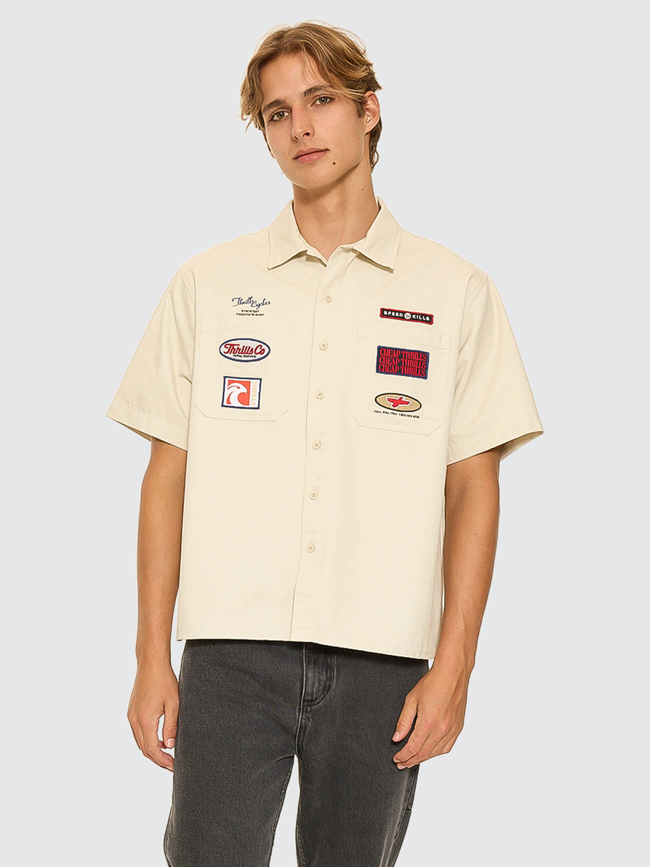 Double Time Short Sleeve Crop Work Shirt - Bone