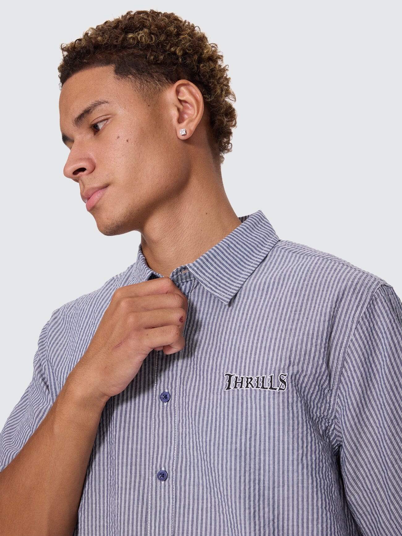 Web Of Deceit Box Crop Short Sleeve Shirt - Navy Stripe | Thrills Co.
