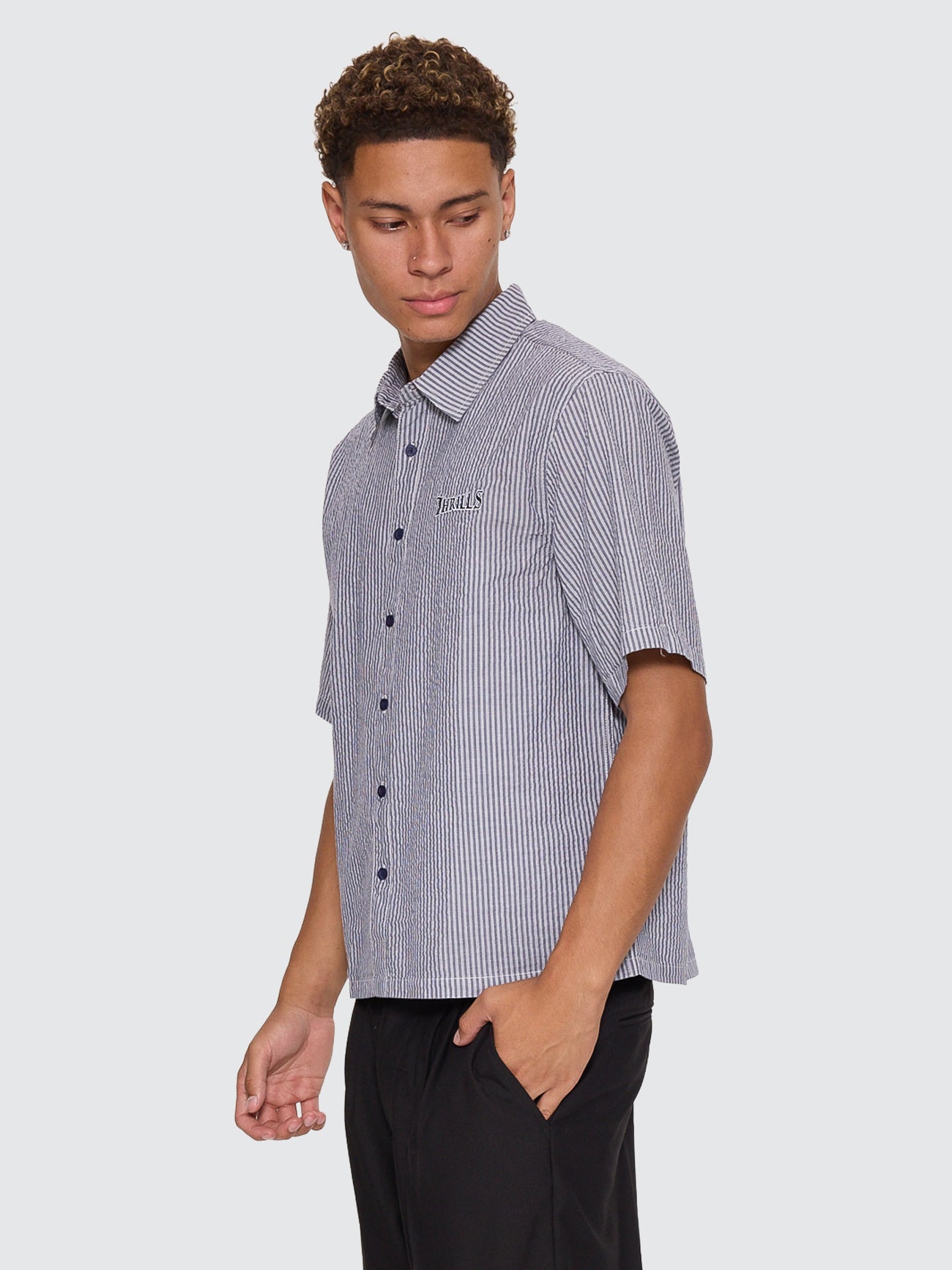 Web Of Deceit Box Crop Short Sleeve Shirt - Navy Stripe