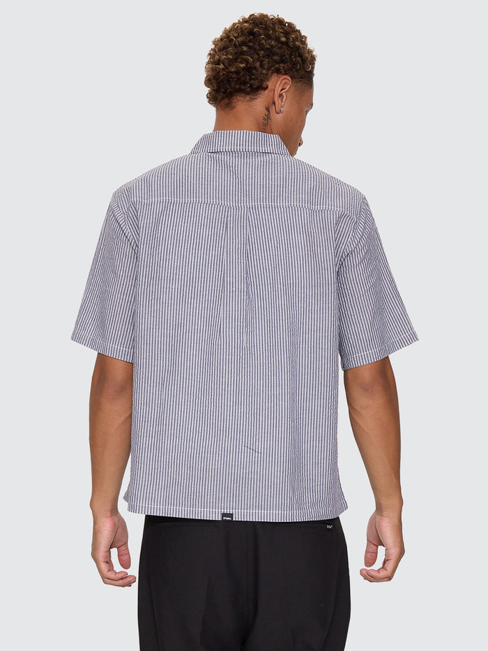 Web Of Deceit Box Crop Short Sleeve Shirt - Navy Stripe