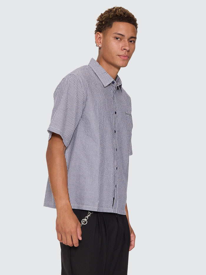 Web Of Deceit Box Crop Short Sleeve Shirt - Navy Stripe