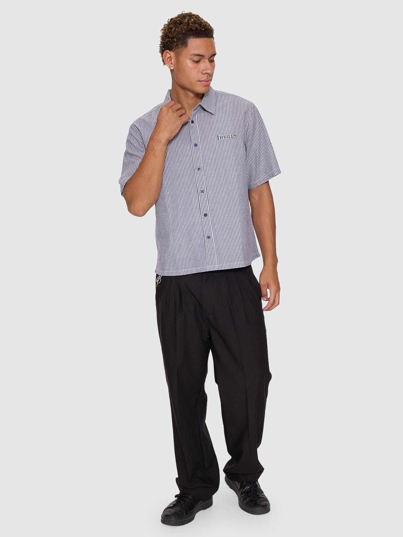 Web Of Deceit Box Crop Short Sleeve Shirt - Navy Stripe | Thrills Co.