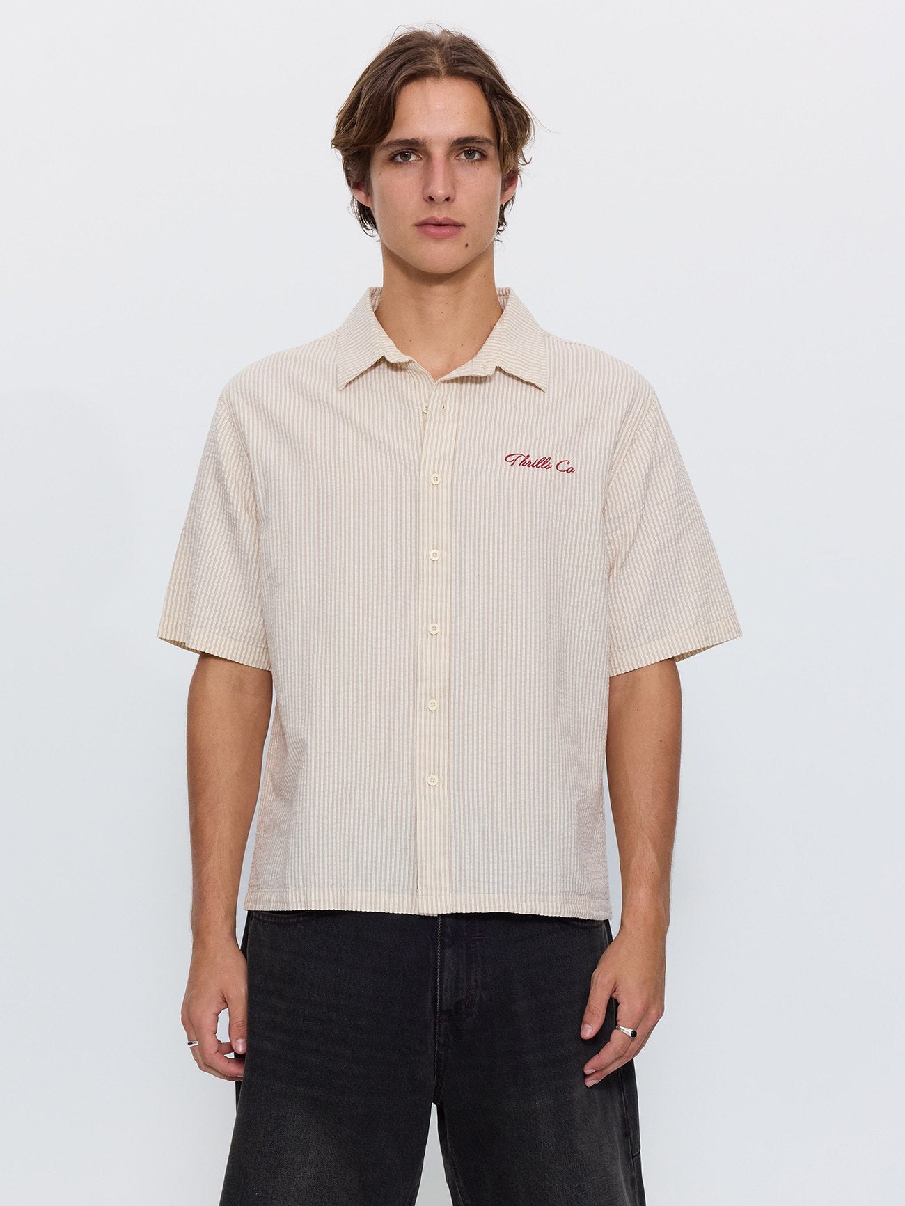 Visions Box Crop Short Sleeve Shirt - Brown Stripe