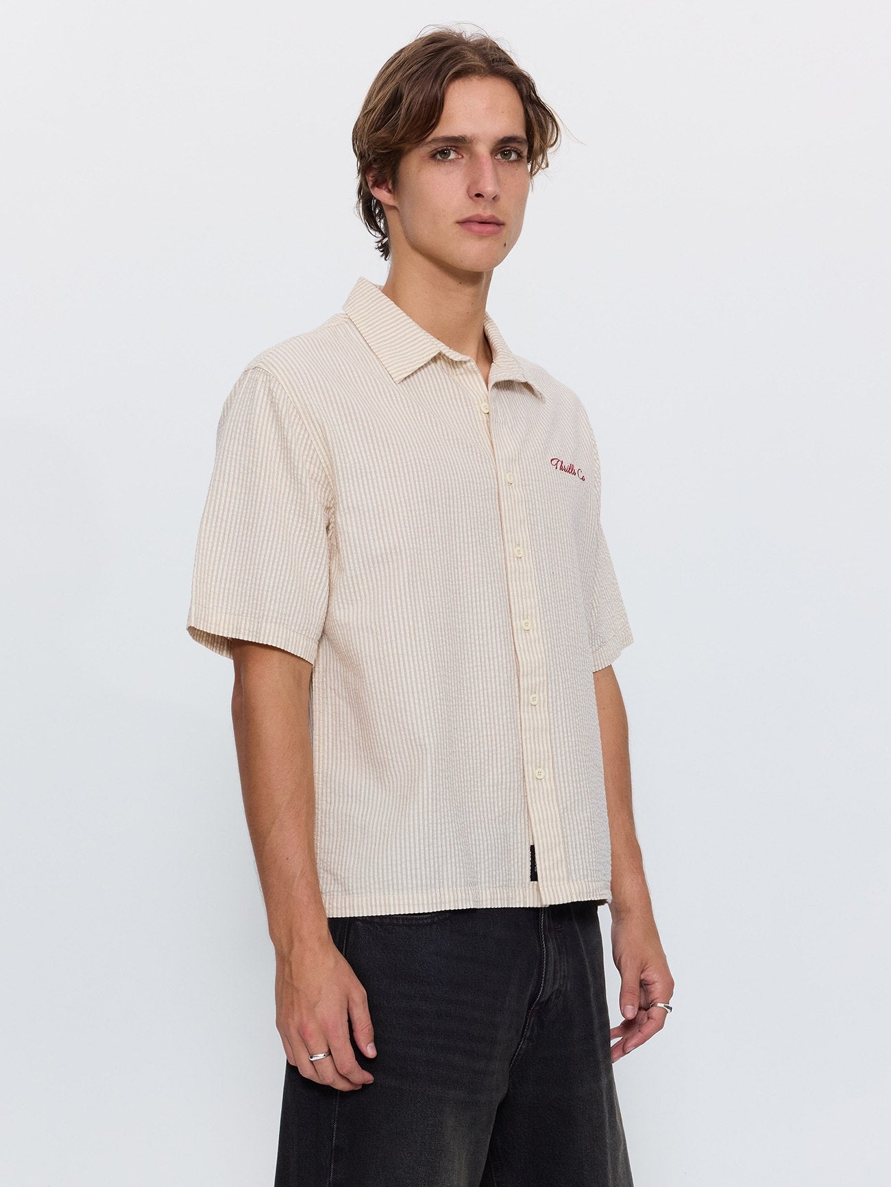 Visions Box Crop Short Sleeve Shirt - Brown Stripe