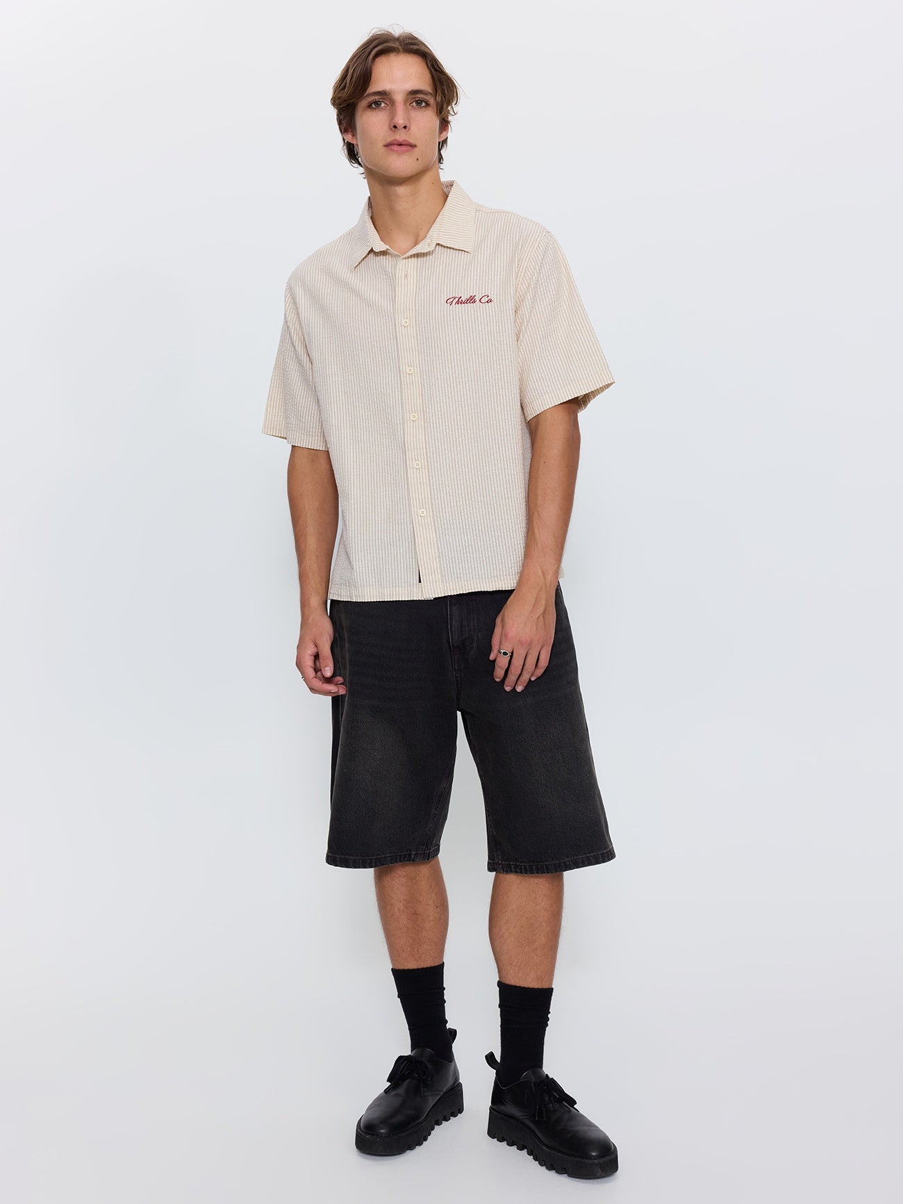 Visions Box Crop Short Sleeve Shirt - Brown Stripe