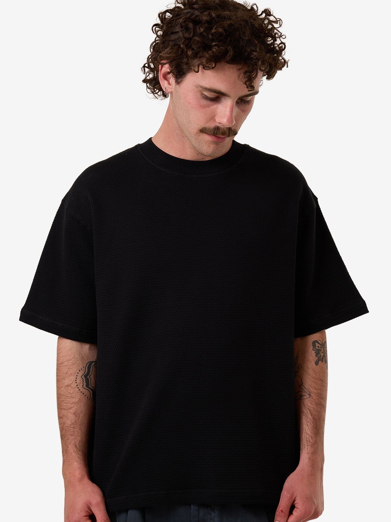 Arts & Industrial Box Fit Oversize Short Waffle Tee - Black XS