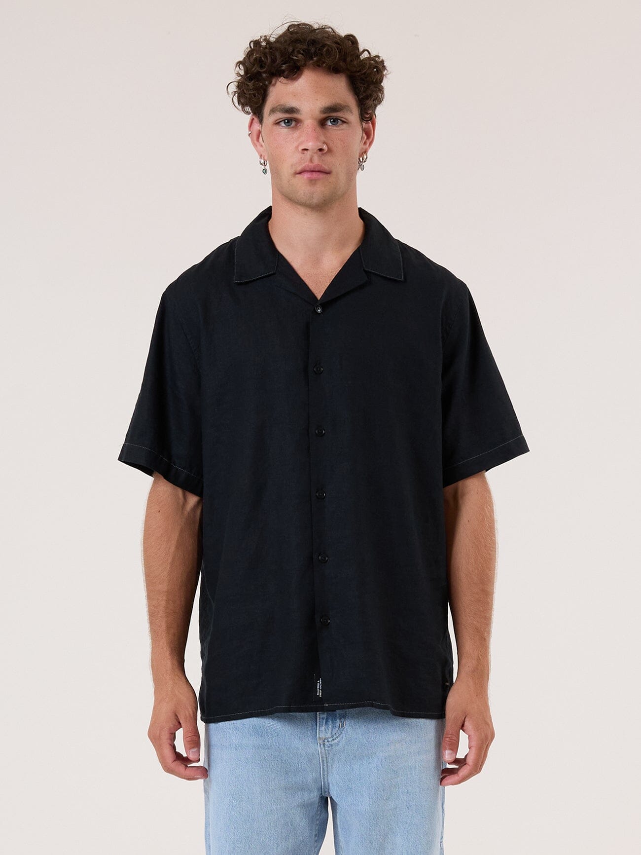 Hemp Minimal Thrills Contrast Stitch Bowling Shirt - Black - Grey Contrast