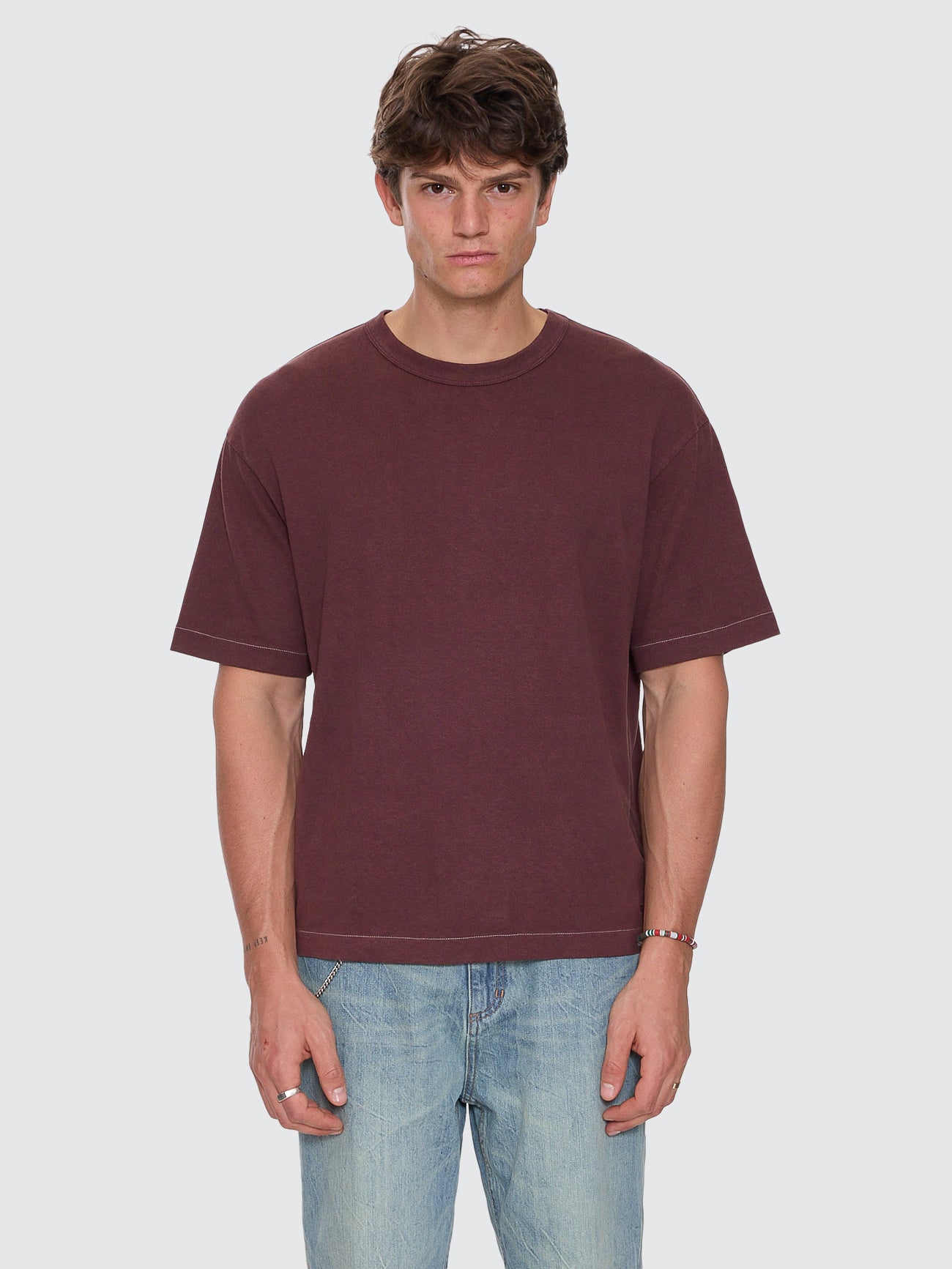 Hemp Contrast Stitch Box Oversize Crop Tee - Bitter Chocolate