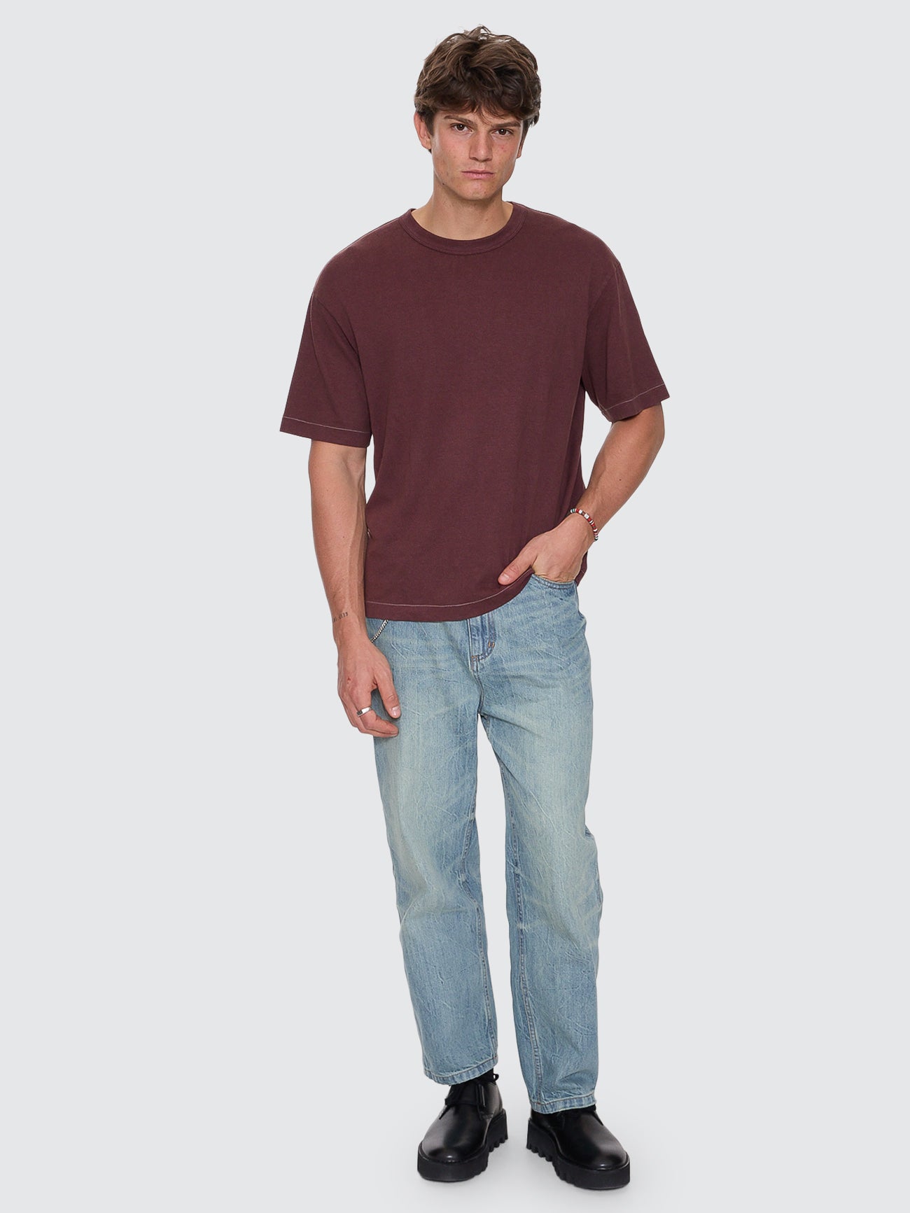 Hemp Contrast Stitch Box Oversize Crop Tee - Bitter Chocolate