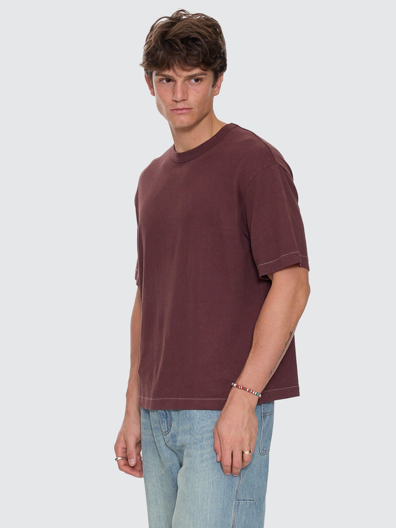 Hemp Contrast Stitch Box Oversize Crop Tee - Bitter Chocolate