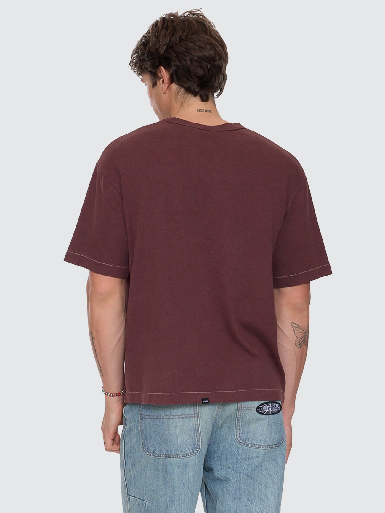Hemp Contrast Stitch Box Oversize Crop Tee - Bitter Chocolate