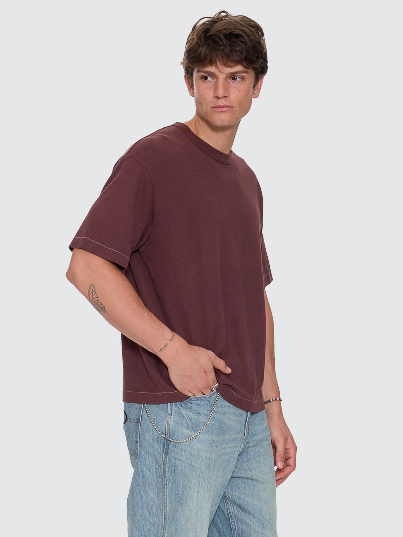 Hemp Contrast Stitch Box Oversize Crop Tee - Bitter Chocolate