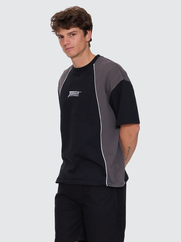 Heavy Voltage Box Fit Oversize Cropped Piping Tee - Black XS