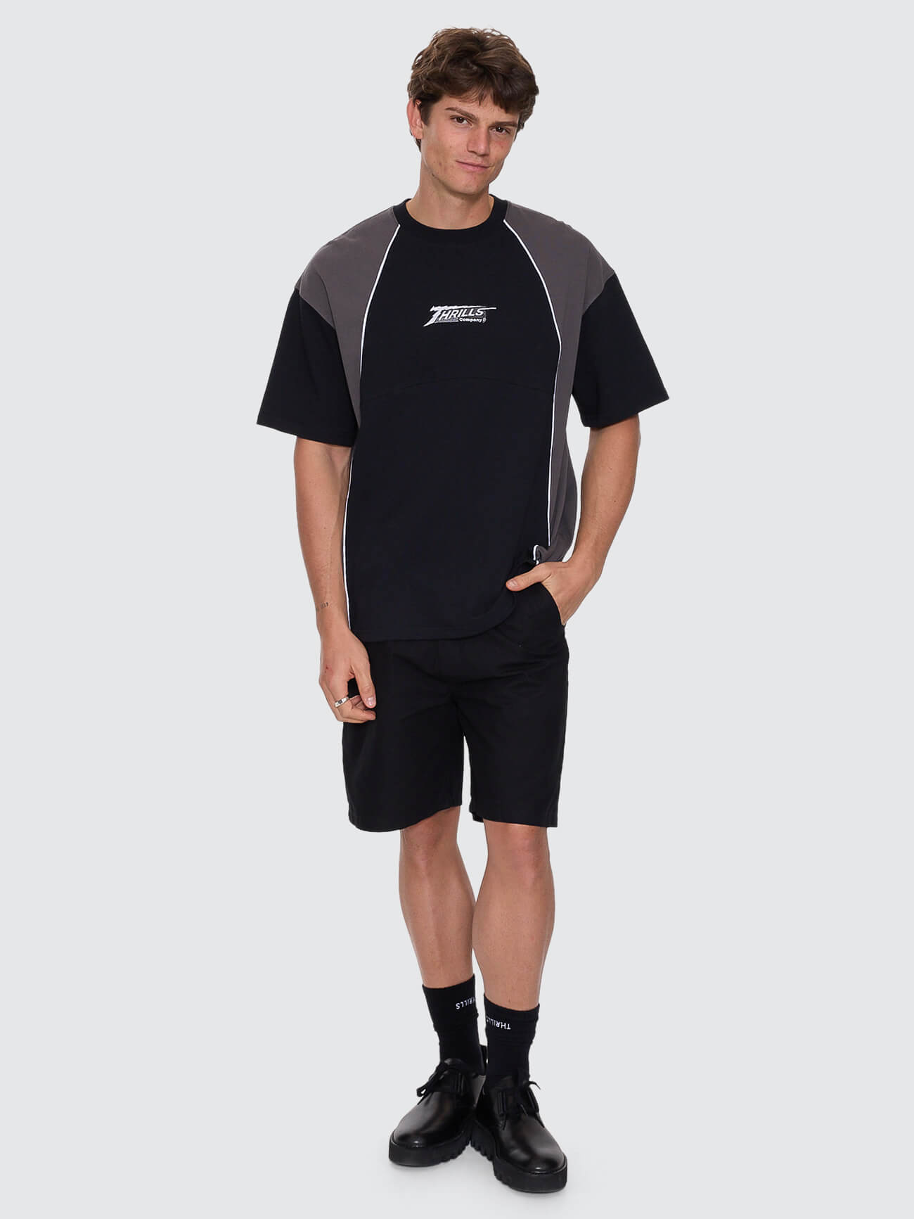 Heavy Voltage Box Fit Oversize Cropped Piping Tee - Black XS