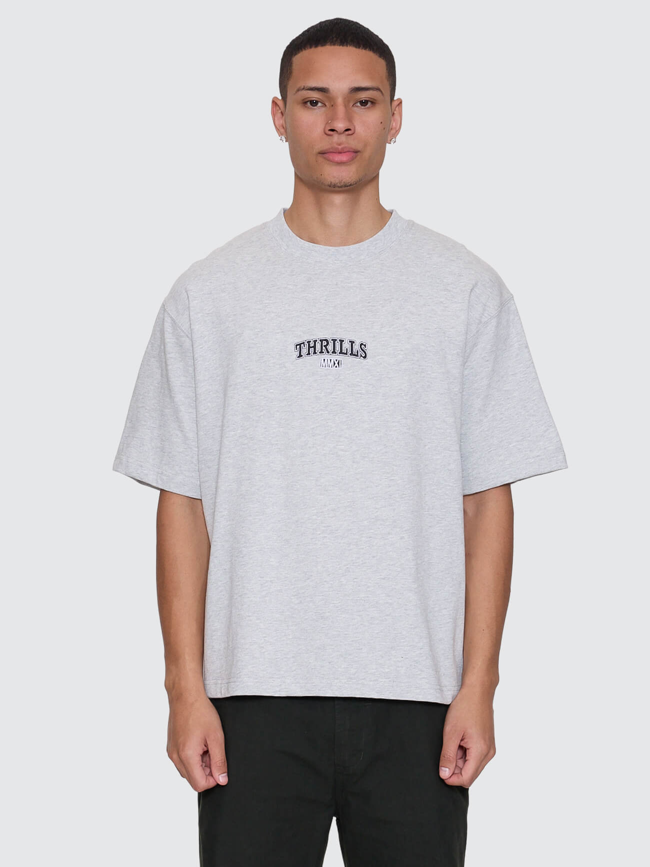 Victory Embro Box Fit Oversize Cropped Contrast Stitch Tee - Snow Marle XS