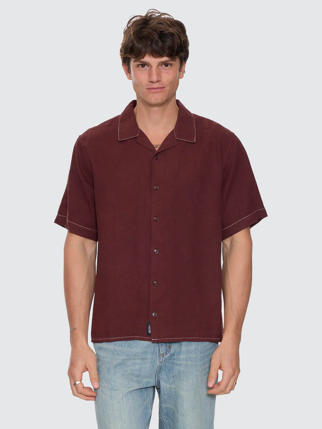 Hemp Minimal Thrills Contrast Stitch Cropped Bowling Shirt - Bitter Chocolate XS