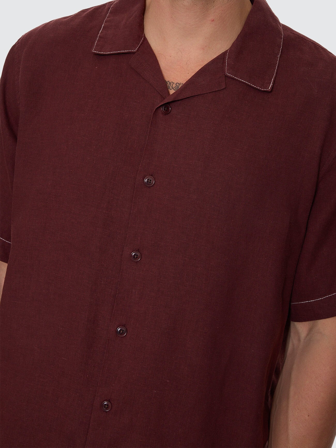 Hemp Minimal Thrills Contrast Stitch Cropped Bowling Shirt - Bitter Chocolate XS