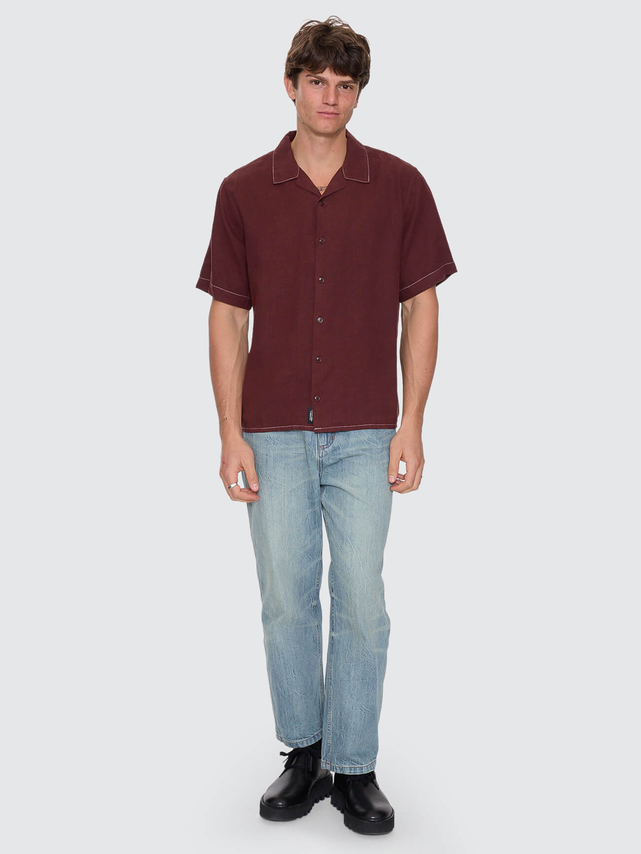 Hemp Minimal Thrills Contrast Stitch Cropped Bowling Shirt - Bitter Chocolate XS
