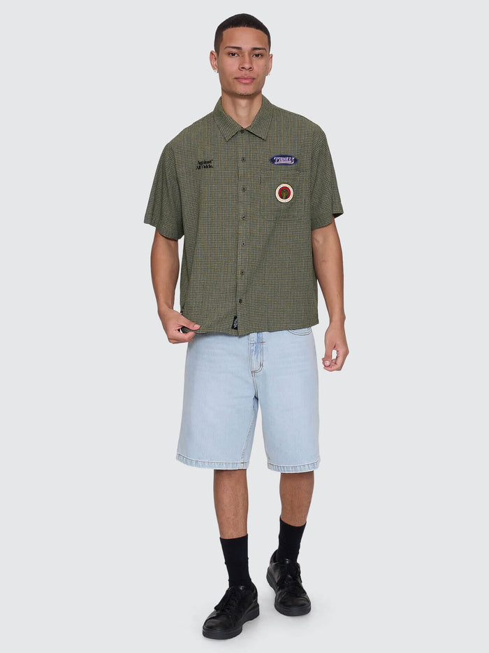 Against All Odds Cropped Short Sleeve Work Shirt - Oil Green XS