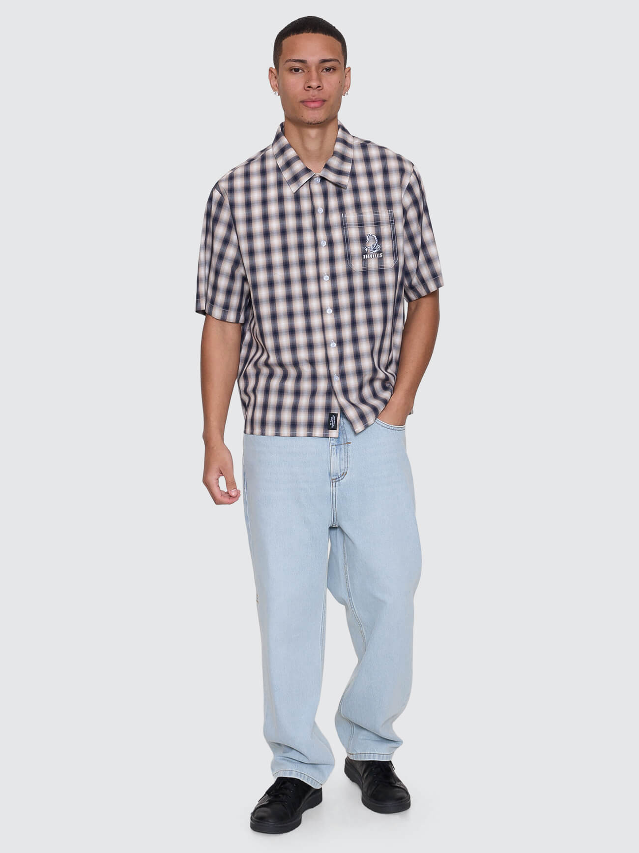 Paradise Falling Short Sleeve Cropped Check Work Shirt - Navy XS