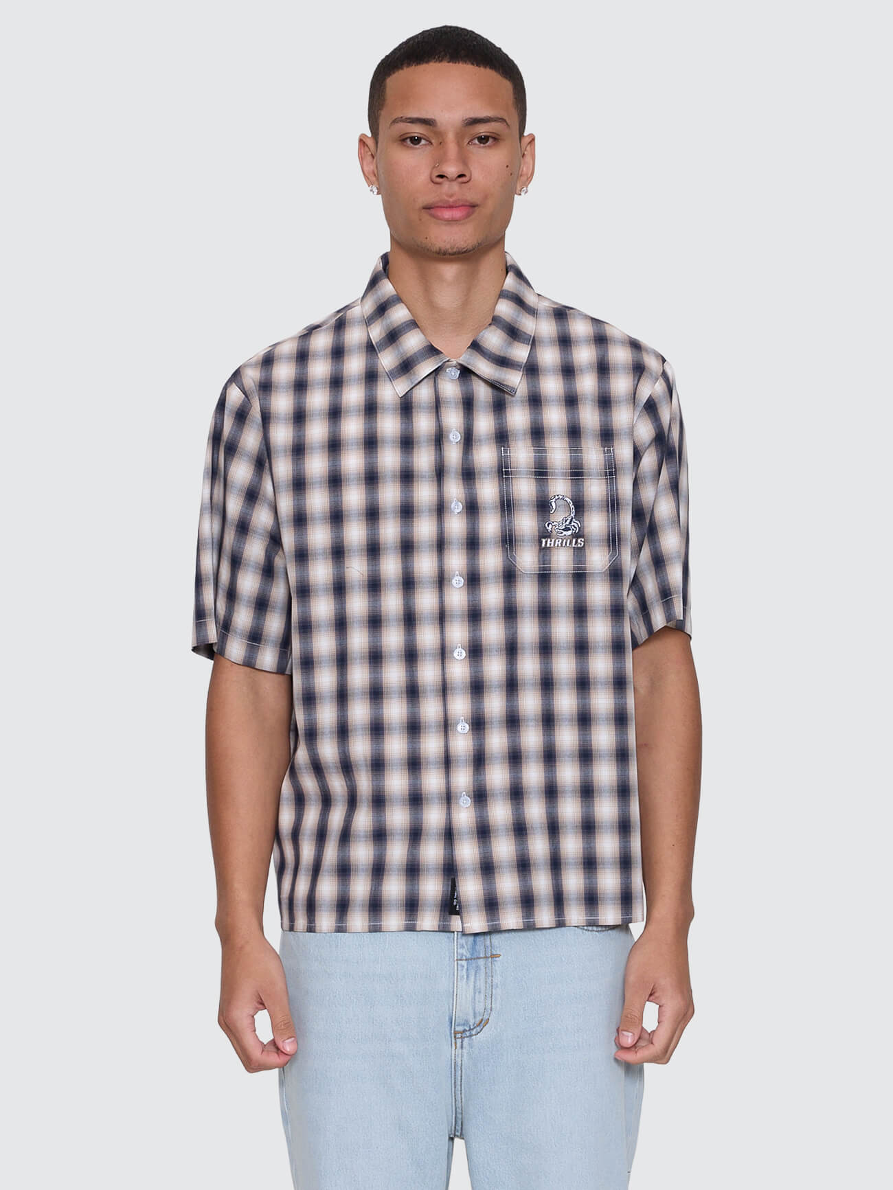 Paradise Falling Short Sleeve Cropped Check Work Shirt - Navy XS