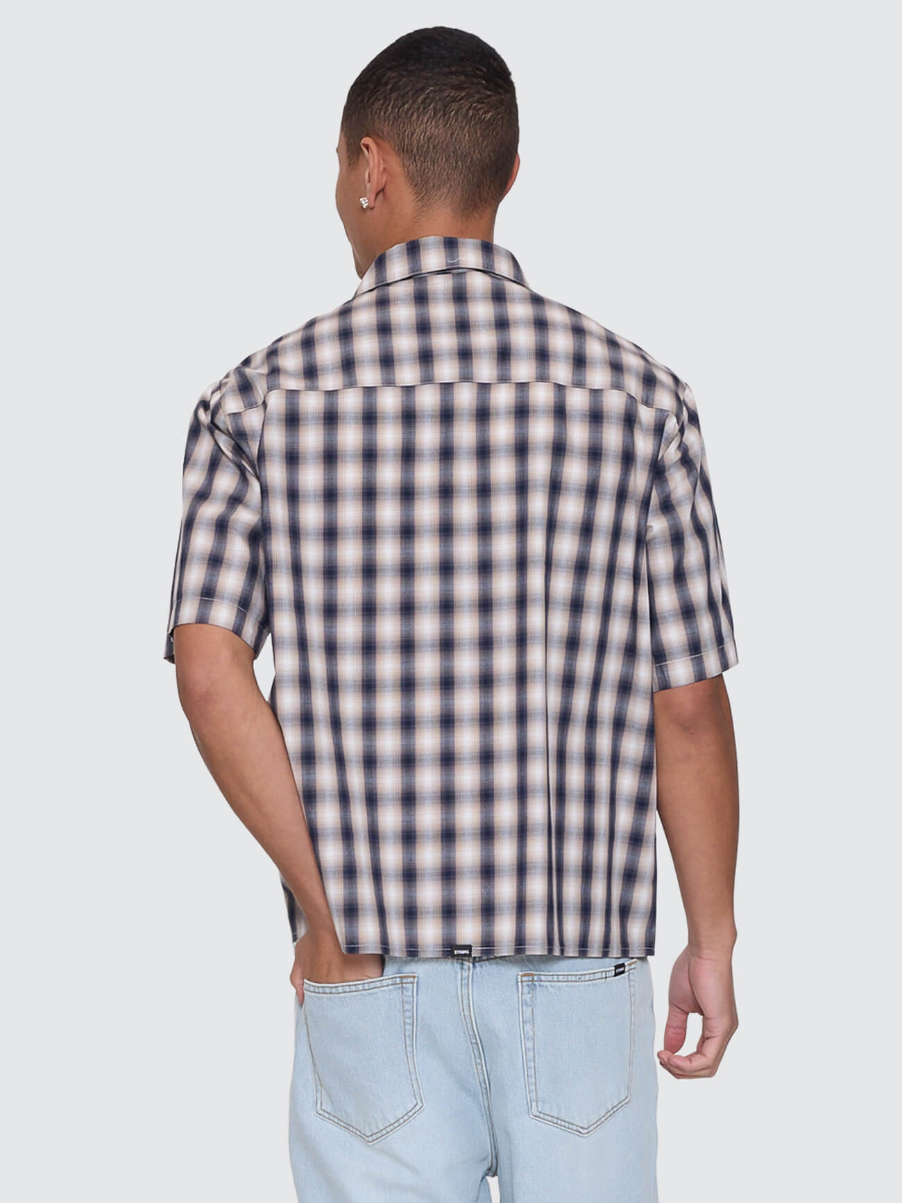 Paradise Falling Short Sleeve Cropped Check Work Shirt - Navy XS