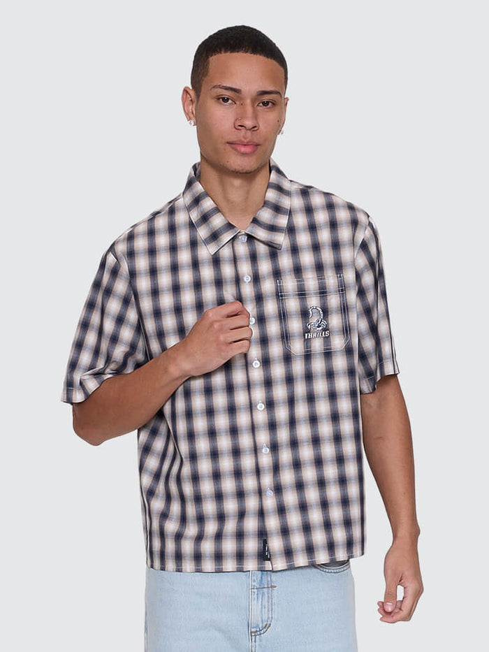 Paradise Falling Short Sleeve Cropped Check Work Shirt - Navy XS