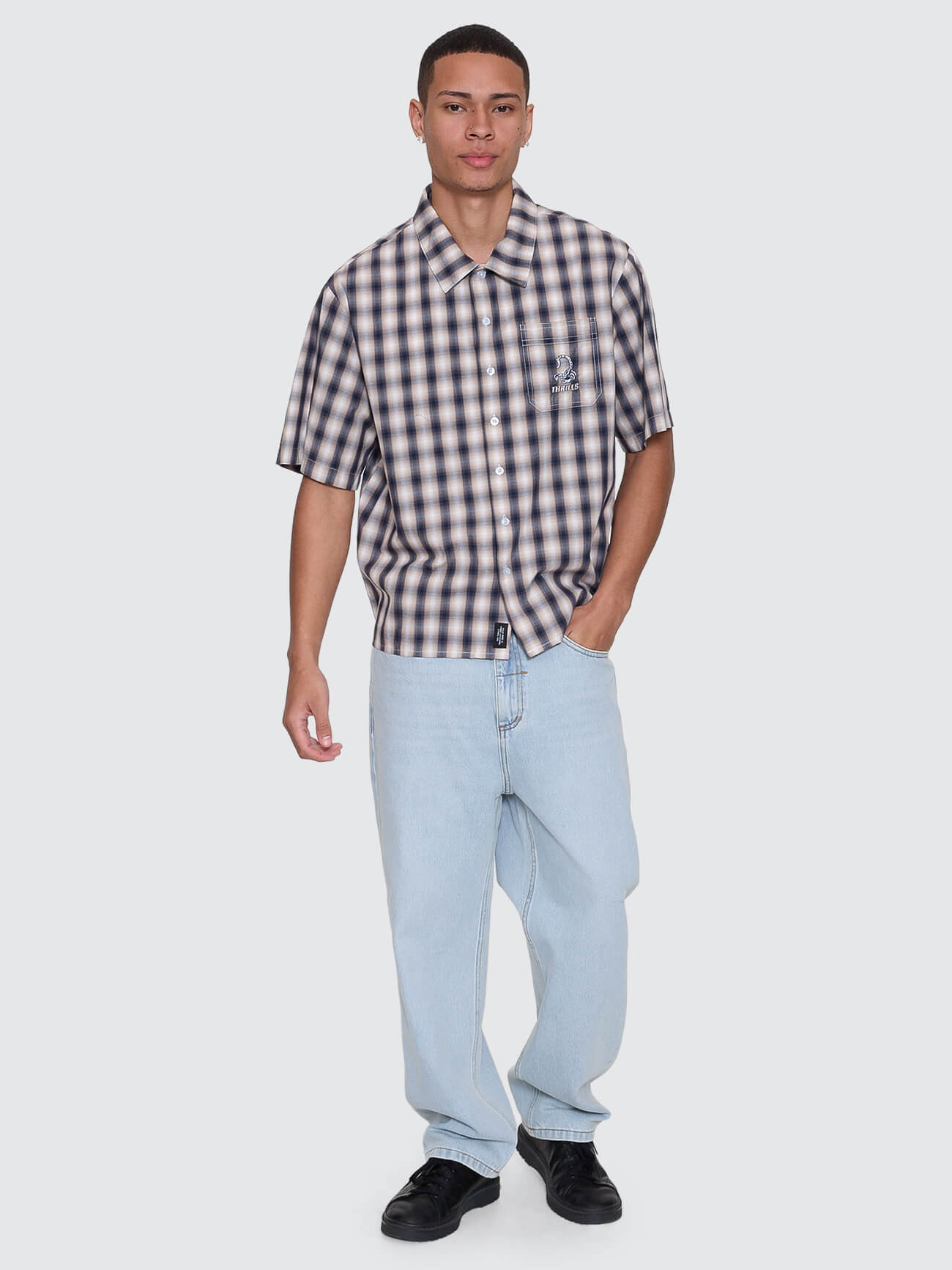 Paradise Falling Short Sleeve Cropped Check Work Shirt - Navy XS