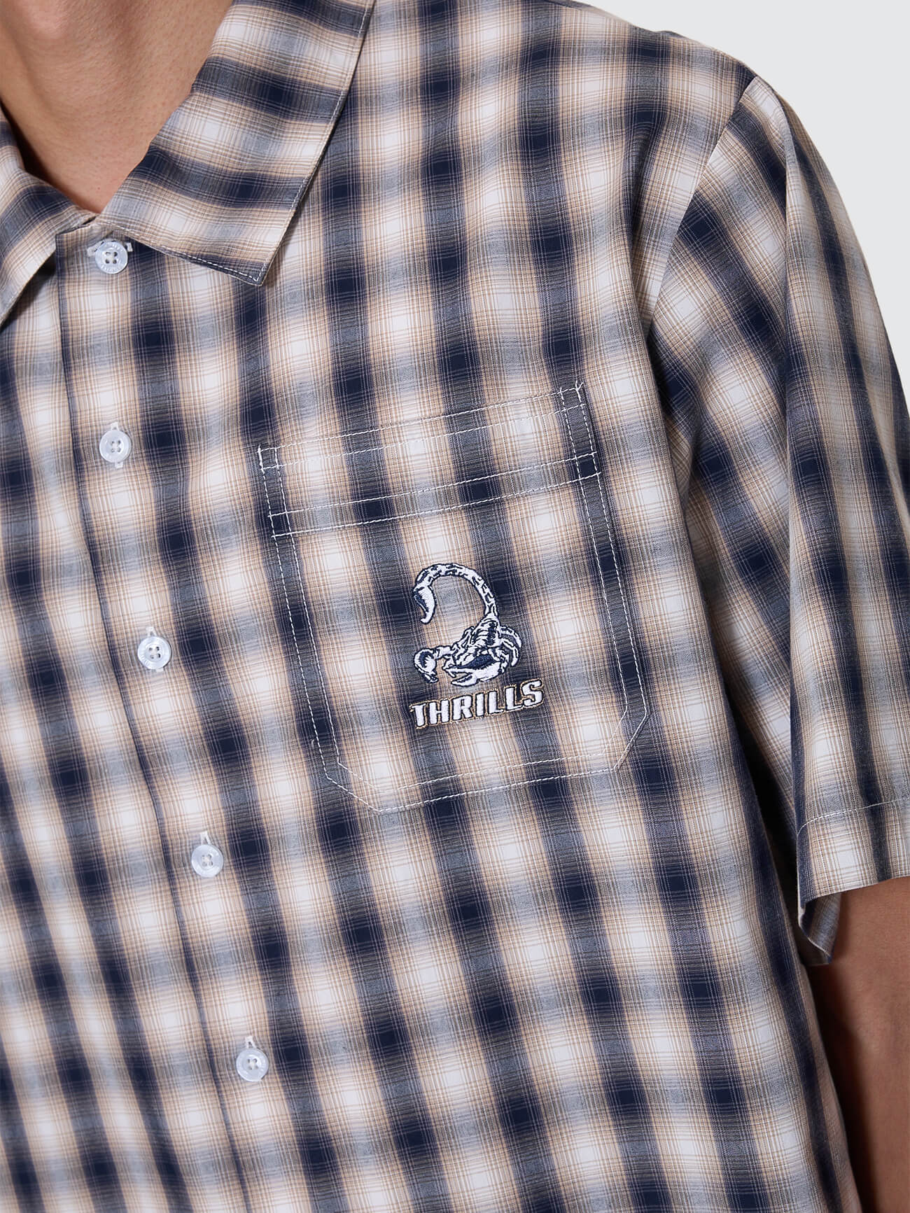 Paradise Falling Short Sleeve Cropped Check Work Shirt - Navy XS