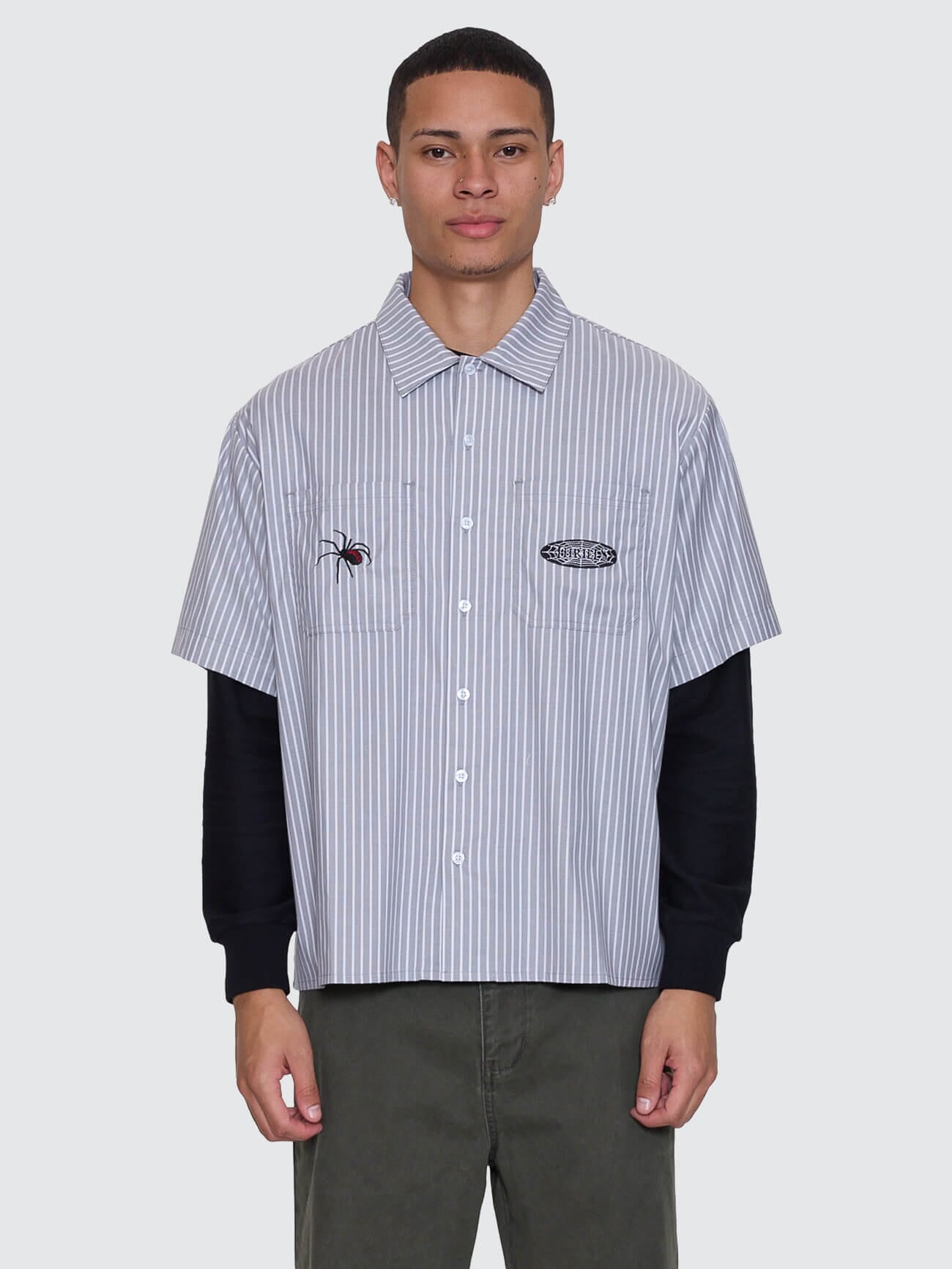 Web Of Deceit Cropped Short Sleeve Work Shirt - Black | Thrills Co.