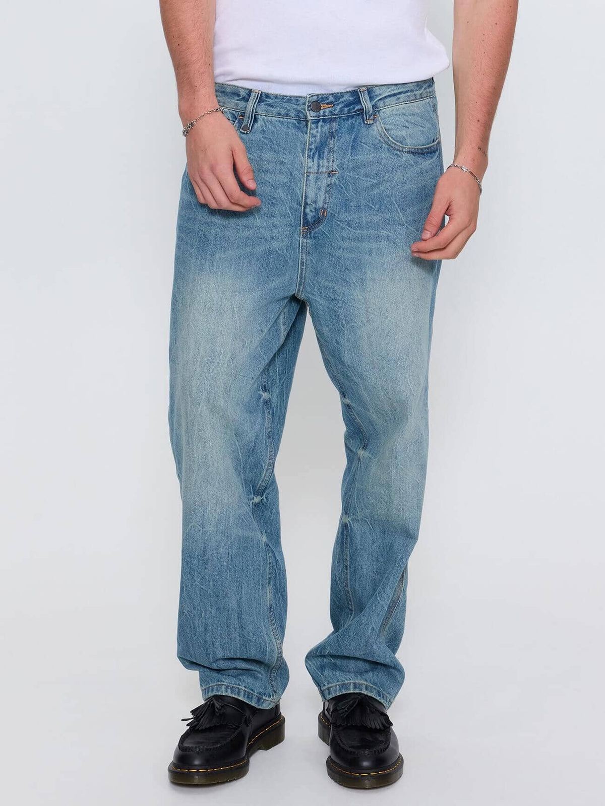 Web of Deceit Mid Slacker Relaxed Long Denim Jean - Dirty Crinkle Blue ...