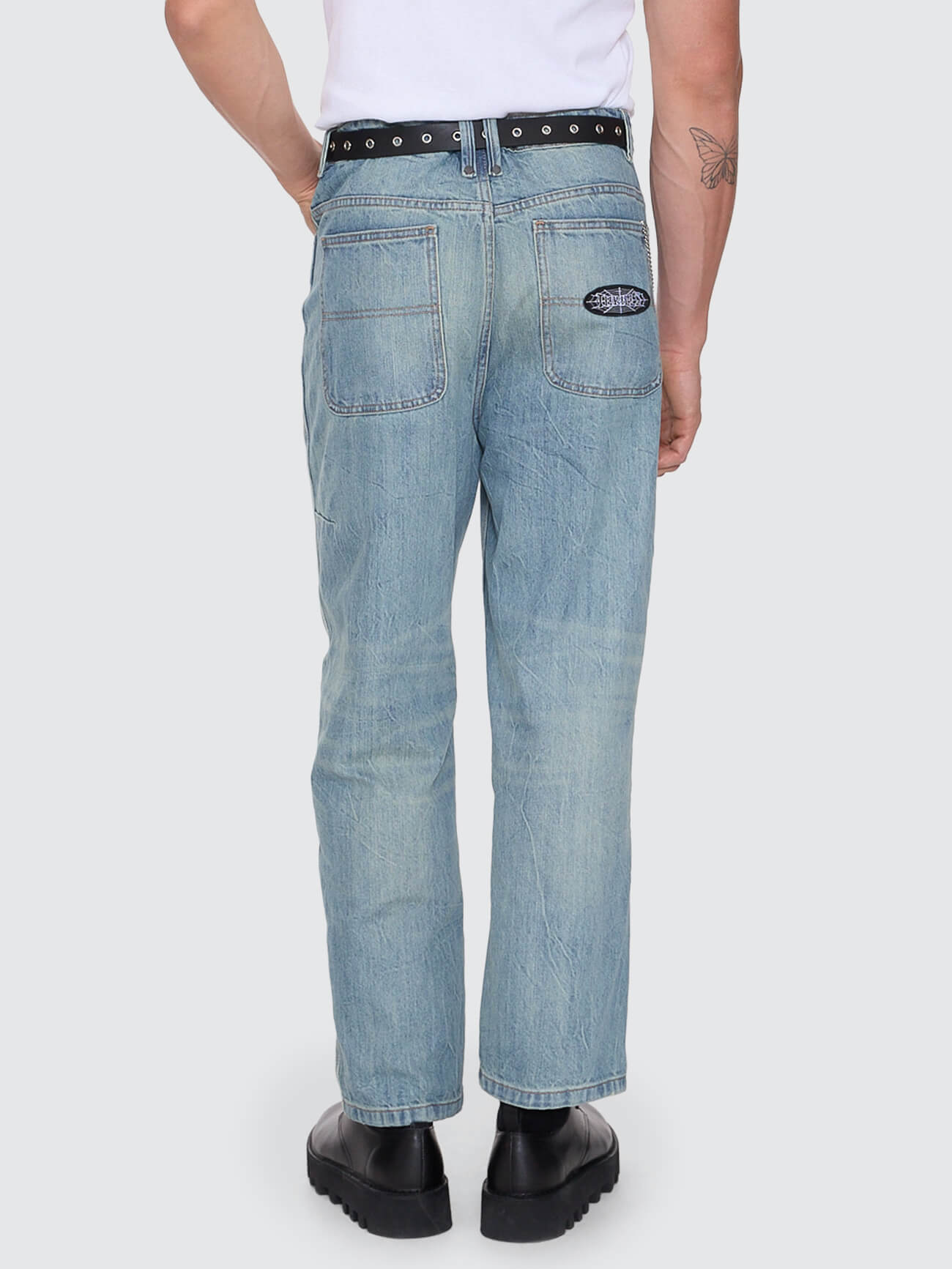 Web of Deceit Mid Slacker Relaxed Long Denim Jean - Dirty Crinkle Blue 26